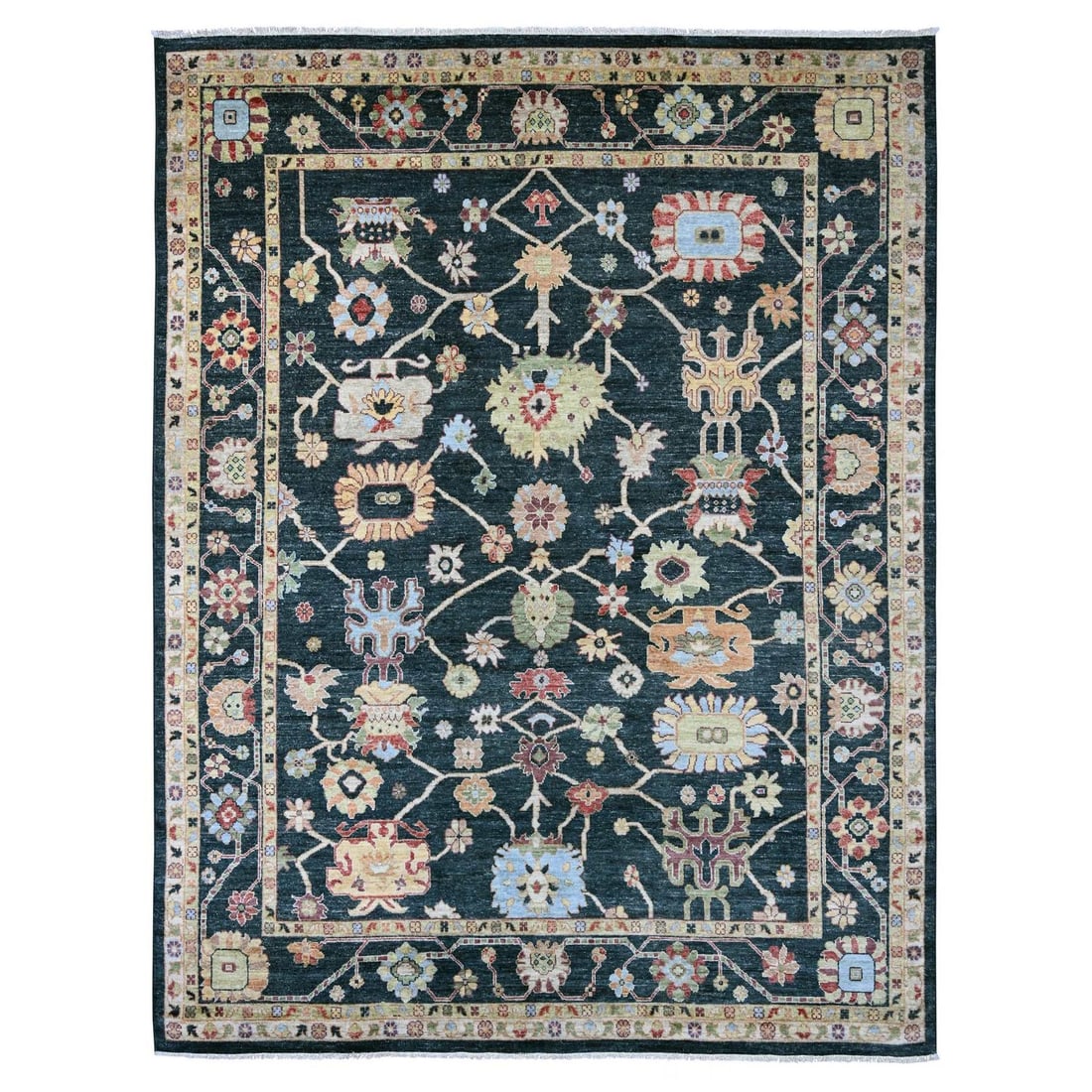 Charleston Green Hand Knotted Wool All Wool Rug 9'3"x11'8: Charleston Green Hand Knotted Wool All Wool Rug 9'3"x11'8 Hand-knotted in traditional Afghan wool, this stunning Oushak-style rug boasts an intricate floral pattern against a vibrant green