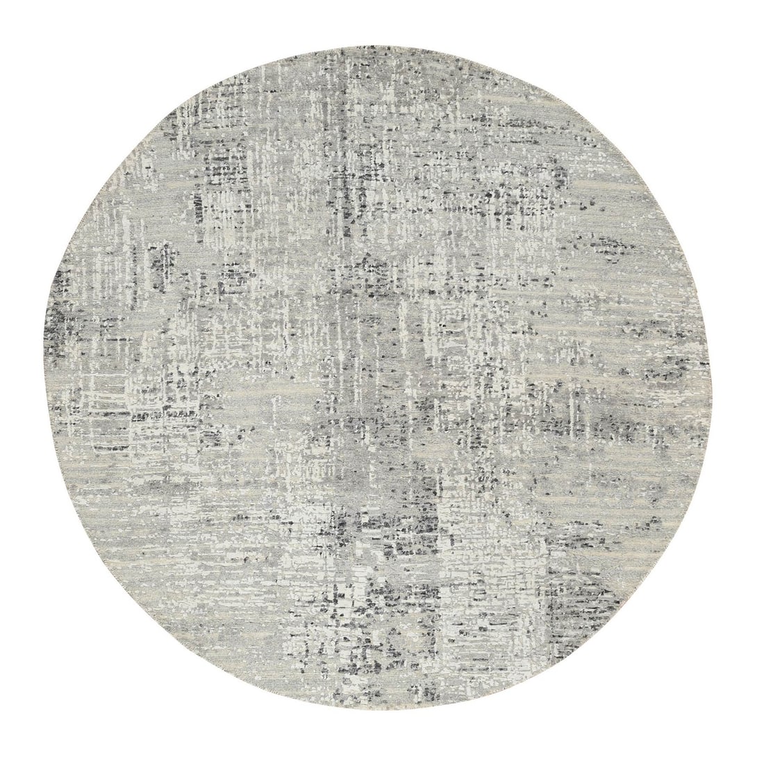 6'x6' Light Gray Modern Design Natural Wool Hand Knotted Round Rug: 6'x6' Light Gray Modern Design Natural Wool Hand Knotted Round Rug Hand-knotted in natural wool, this modern design round rug boasts a light gray color and subtle field tone. The rug's 6' x 6' size ma