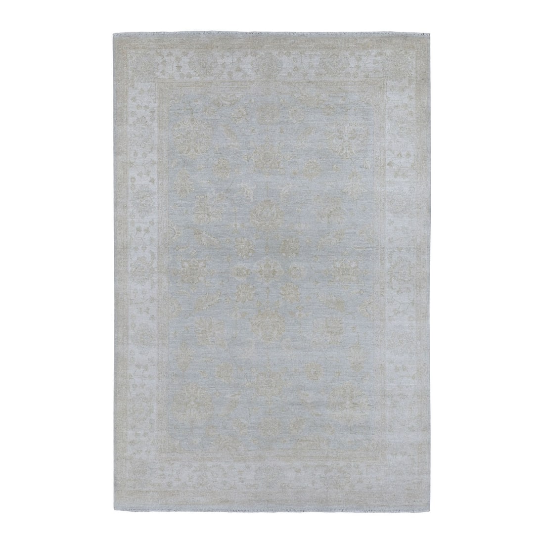 6'x8'10" White Wash Peshawar Pure Velvety Wool Light Gray Handknotted Rug: 6'x8'10" White Wash Peshawar Pure Velvety Wool Light Gray Handknotted Rug Hand-knotted in pure velvety wool, this stunning 6'x8'10" light gray rug boasts an elegant white wash finish. Made from the