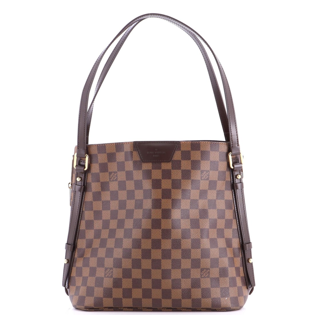 Cabas Damier Rivington Louis Vuitton: Cabas Damier Rivington Louis Vuitton Brown Cabas Rivington Damier Louis Vuitton shoulder bag with canvas coated exterior and red interior. Features scuffs, edge wear, corner wear, minor creases on