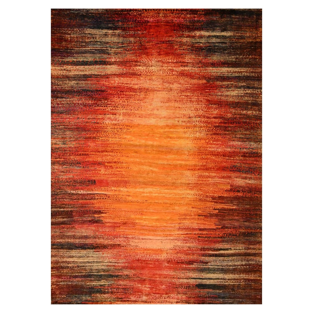 9'10"x14'1" Sunset Colors Pure Sari Silk Modern Design Hand Knotted Rug: 9'10"x14'1" Sunset Colors Pure Sari Silk Modern Design Hand Knotted Rug 9'10" x 14'1" Sunset Colors Pure Sari Silk Modern Design Hand Knotted Rug boasts an impressive rectangular field with a vibrant