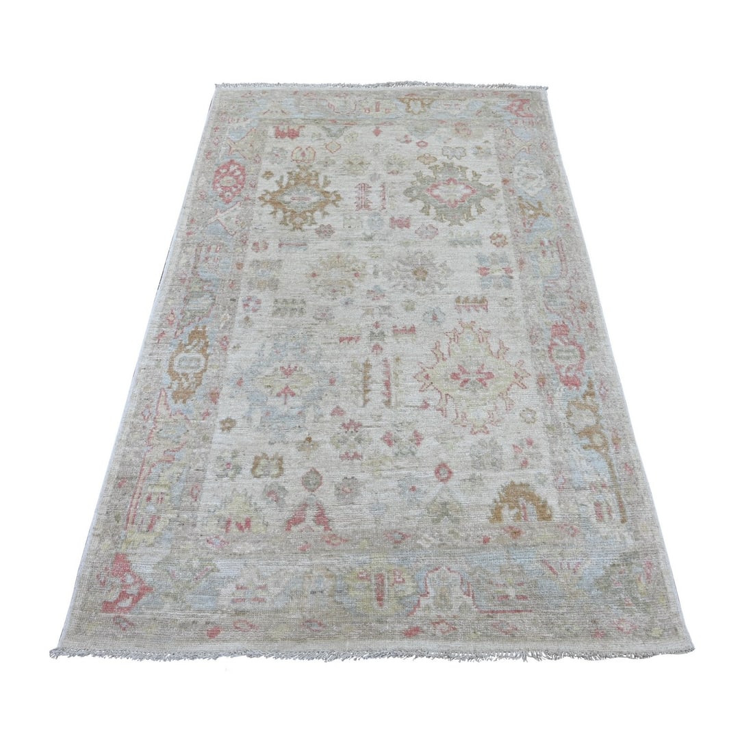 4'x6'3" Ivory Afghan Angora Oushak with Leaf Design Hand Knotted Wool Rug: 4'x6'3" Ivory Afghan Angora Oushak with Leaf Design Hand Knotted Wool Rug Ivory Afghan Angora Oushak with Leaf Design Hand Knotted Wool Rug boasts a stunning floral pattern in ivory and subtle