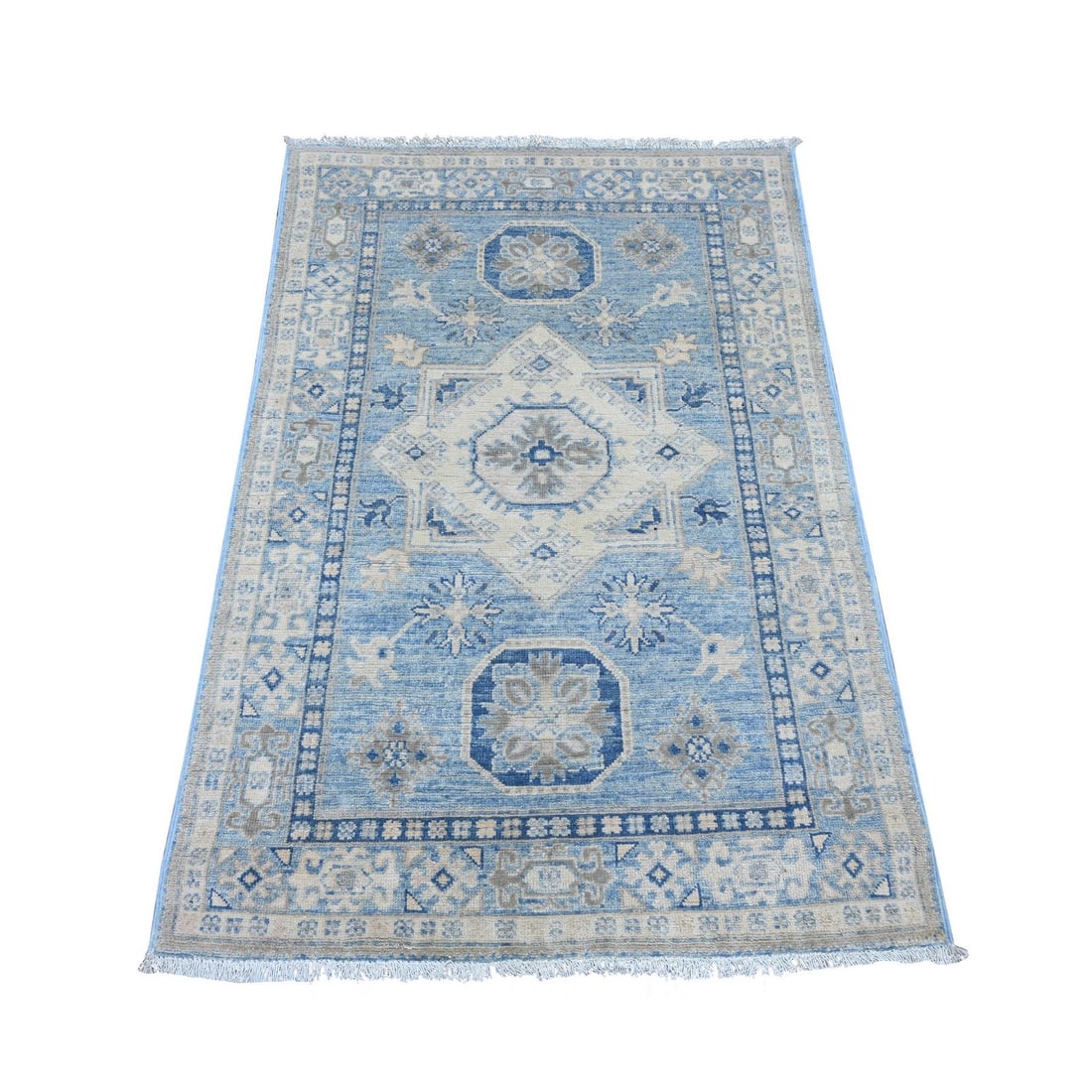 3'3"x4'9" Blue Vintage Look Kazak Star Medallion Hand Knotted Wool Rug: 3'3"x4'9" Blue Vintage Look Kazak Star Medallion Hand Knotted Wool Rug The Blue Vintage Look Kazak Star Medallion Hand Knotted Wool Rug boasts a striking medallion pattern in rich blue hues, set again