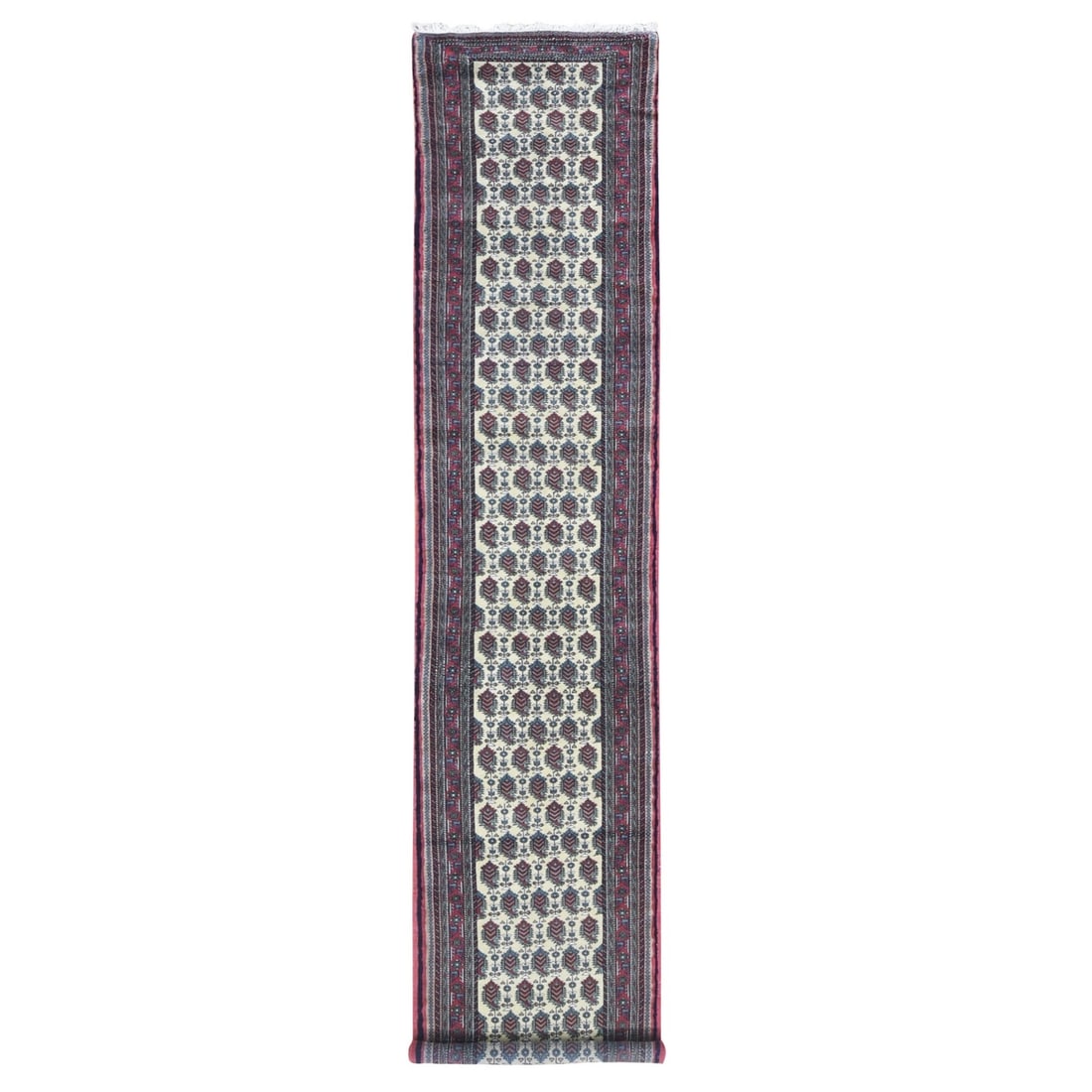2'10"x13'2" Ivory Tribal Northwest Farsian Wool Hand Knotted Runner Rug: 2'10"x13'2" Ivory Tribal Northwest Farsian Wool Hand Knotted Runner Rug Hand-knotted in traditional Turkish methods, this stunning Farsian-style wool runner rug boasts an intricate Oriental regional