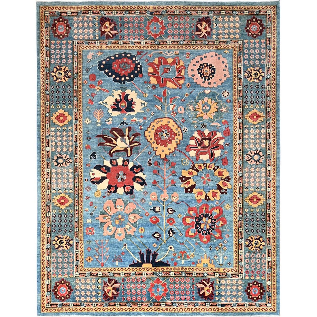 9'1"x11'7" Blue Hand Knotted Rug Peshawar with Heris All Over Design Wool: 9'1"x11'7" Blue Hand Knotted Rug Peshawar with Heris All Over Design Wool The 9'1"x11'7" Blue Hand Knotted Rug Peshawar boasts an all-over design in vibrant colors, including yellow, brown, ivory,