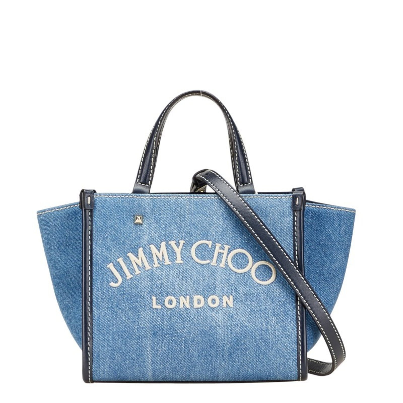 Jimmy Choo Handbag Shoulder Bag Denim Leather: Jimmy Choo Handbag Shoulder Bag Denim Leather Denim leather Jimmy Choo shoulder bag with a classic black finish, featuring a magnet closure and adjustable straps. Measuring 18cm x 29cm x 10.5cm, this