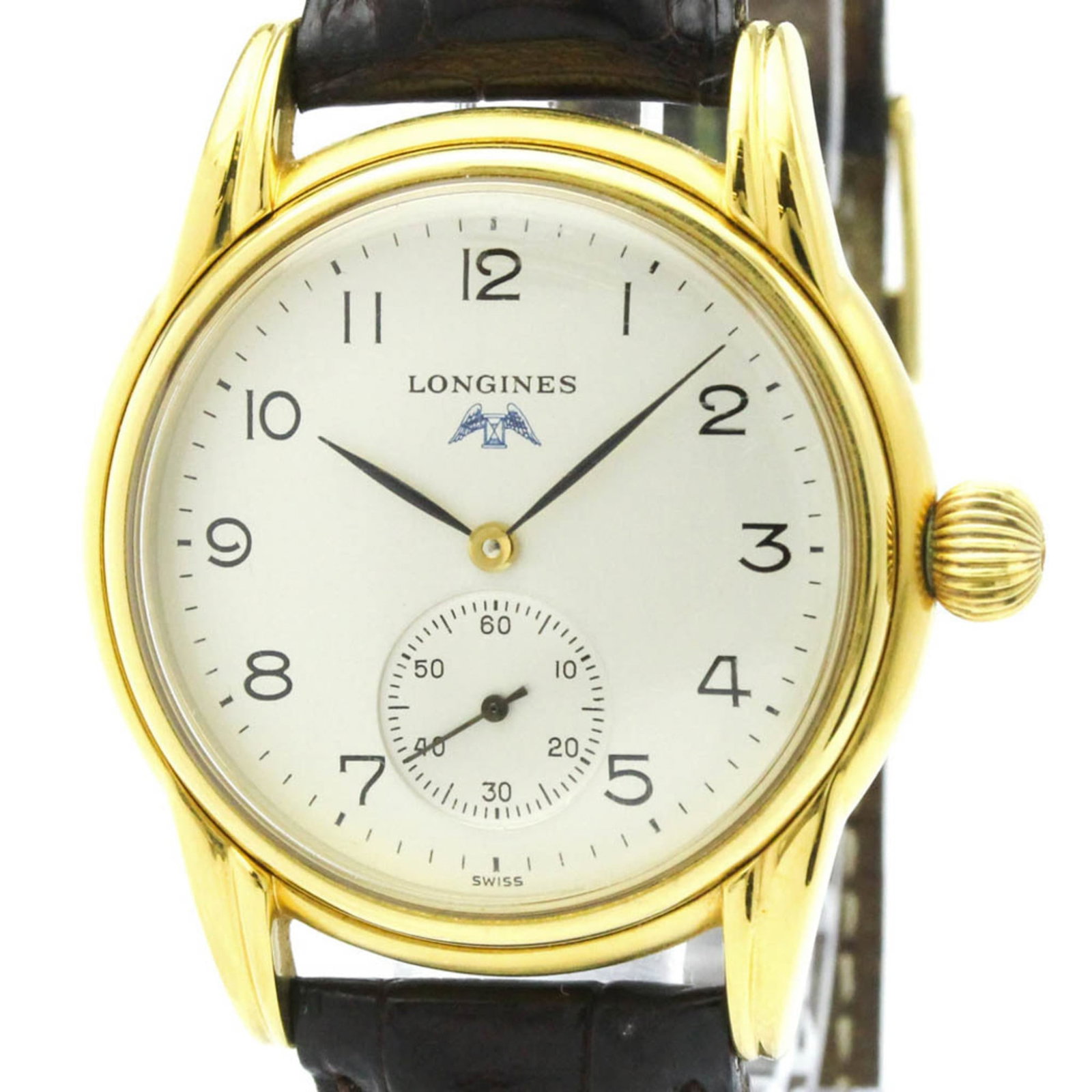 Longines Wristwatch: Longines Wristwatch The Longines wristwatch boasts a sleek silver dial and gold-plated case, measuring 35mm in diameter. A leather band complements the watch's classic design, adding a touch of