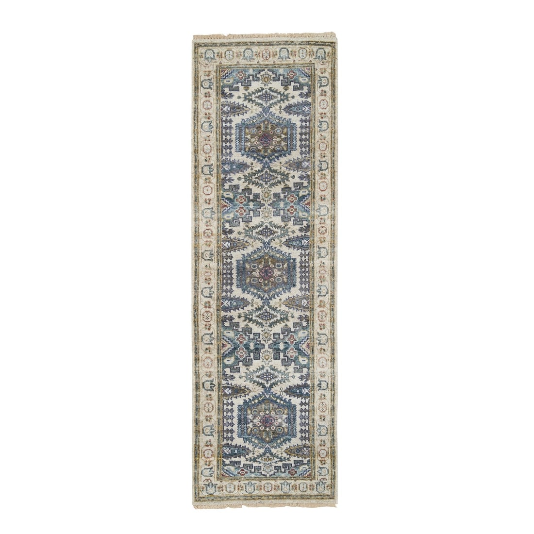 2'5"x8'1" Ivory Reimagined Viss Design Wool Hand Knotted Runner Rug: 2'5"x8'1" Ivory Reimagined Viss Design Wool Hand Knotted Runner Rug This stunning ivory wool hand-knotted runner rug boasts an intricate design, measuring 2'5" x 8'1". Crafted with exceptional attenti