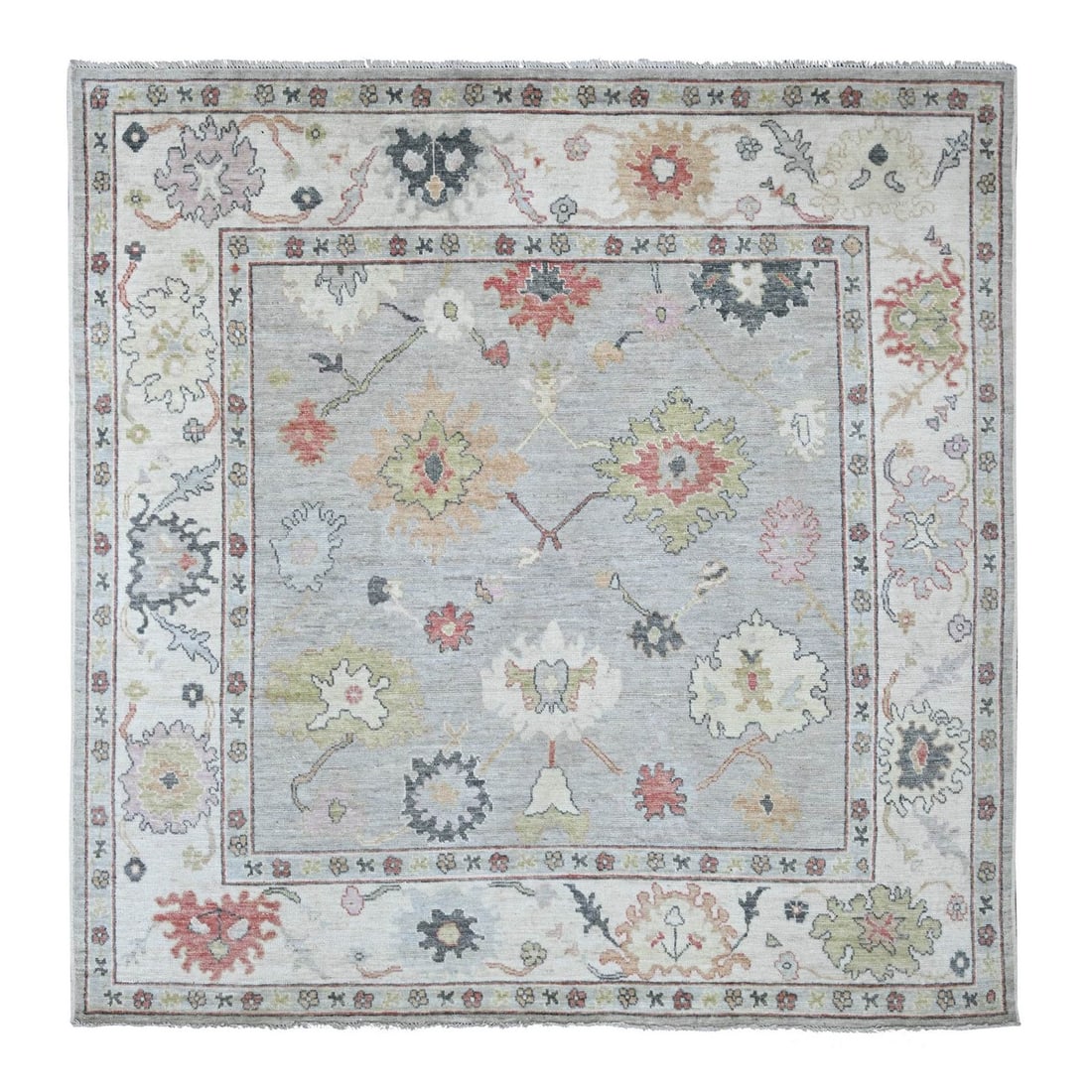 8'x8' Misty Gray Hand Knotted Angora Oushak Leaf Design Wool Square Rug: 8'x8' Misty Gray Hand Knotted Angora Oushak Leaf Design Wool Square Rug Misty Gray Hand Knotted Angora Oushak Leaf Design Wool Square Rug features an intricate floral pattern in shades of grey, yellow