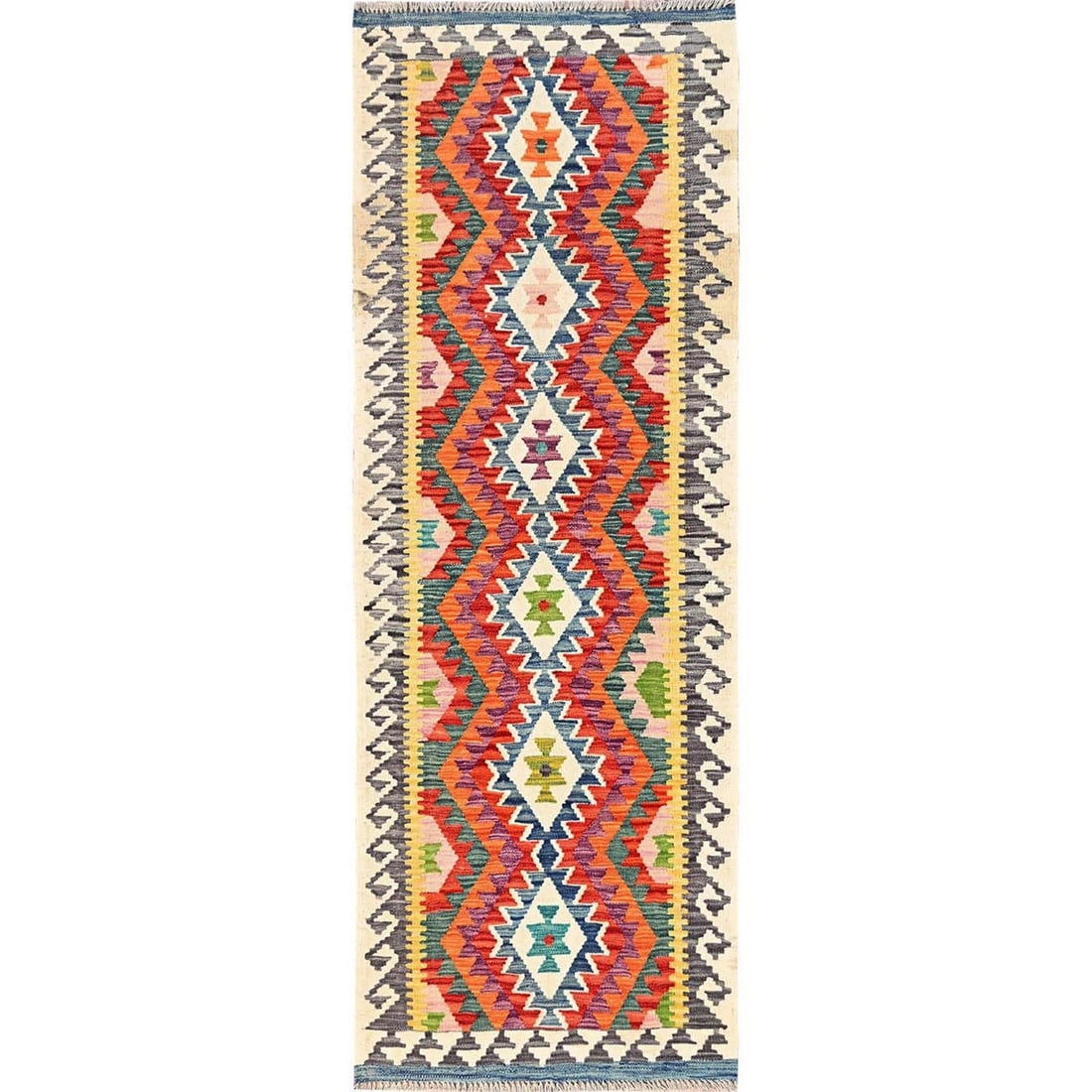2'10"x8'1" Colorful Afghan Kilim 100% Wool Rug Flat Weave Hand Woven Runner: 2'10"x8'1" Colorful Afghan Kilim 100% Wool Rug Flat Weave Hand Woven Runner Colorful and intricately woven, this vibrant Afghan kilim rug boasts a stunning geometric pattern in shades of purple, orang