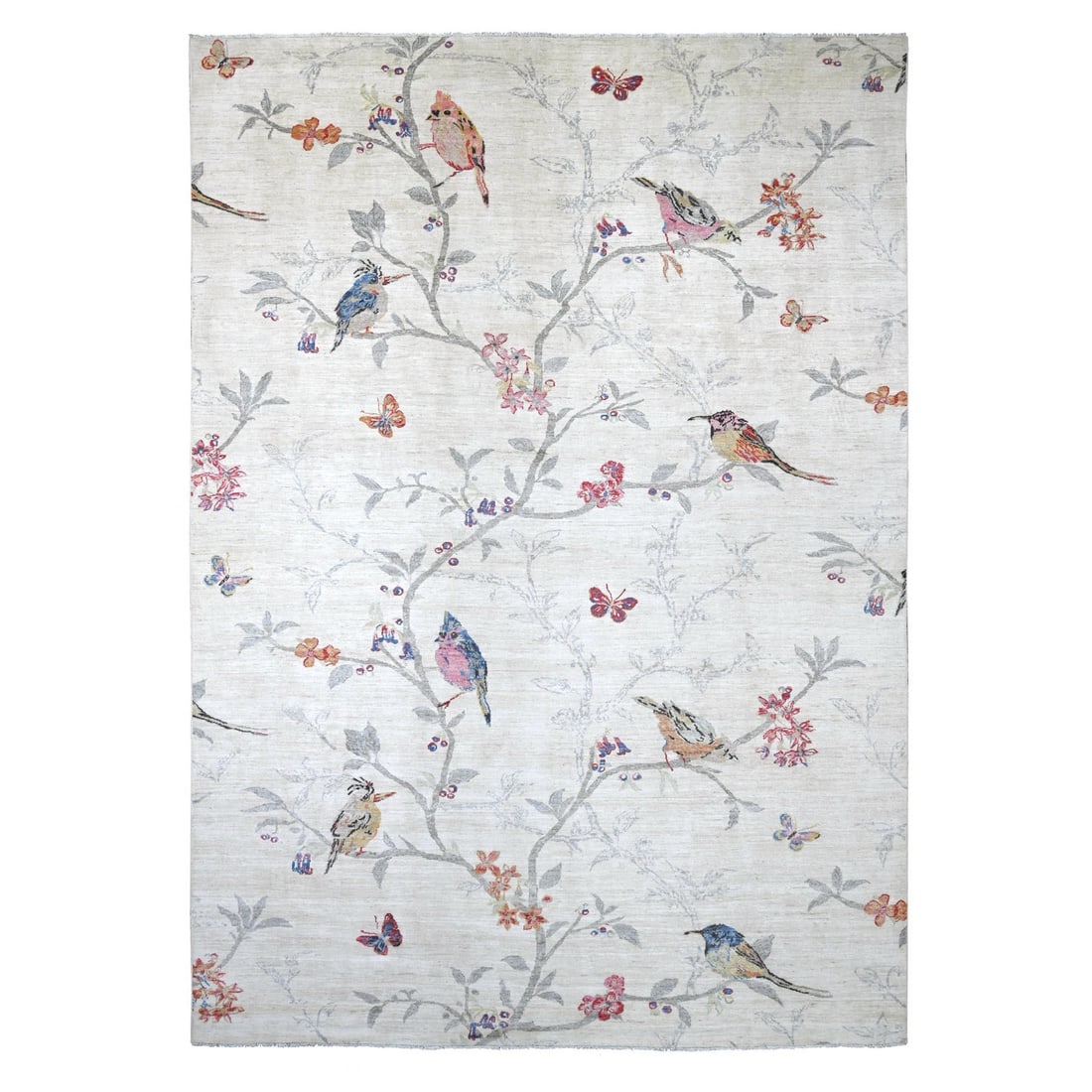 10'3"x14'7" Ivory Sparrows on the Tree Peshawar Soft Wool Hand Knotted Rug: 10'3"x14'7" Ivory Sparrows on the Tree Peshawar Soft Wool Hand Knotted Rug The Peshawar Soft Wool Hand Knotted Rug boasts an elegant ivory color and intricate animal print pattern, showcasing the rich