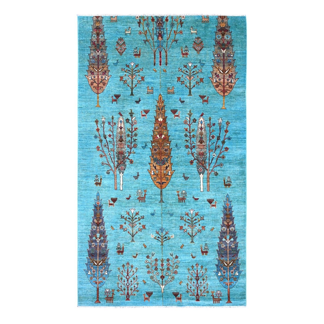 5'8"x9'9" Blue Hand Knotted Afghan Sultani Cypress Tree Design Wool Rug: 5'8"x9'9" Blue Hand Knotted Afghan Sultani Cypress Tree Design Wool Rug Hand-knotted in Afghanistan, this stunning 5'8"x9'9" blue wool rug boasts an all-over cypress tree design in a rich, vibrant