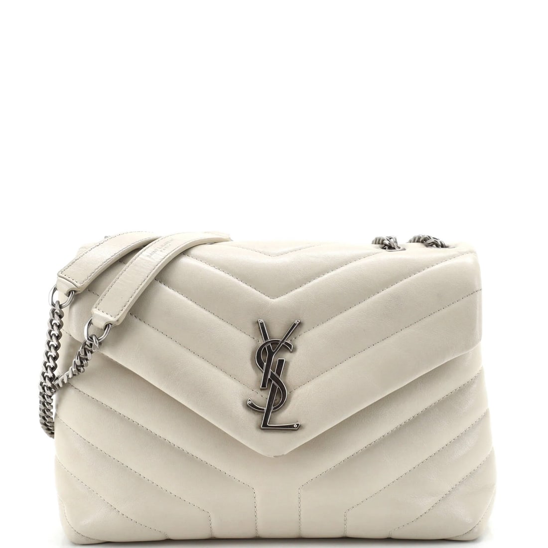 Loulou Small Leather Chevron Matelasse Shoulder Bag by Saint Laurent: Loulou Small Leather Chevron Matelasse Shoulder Bag by Saint Laurent Small, neutral-toned leather shoulder bag with a distinctive chevron matelasse design from Saint Laurent. Measuring just 6.5" tall