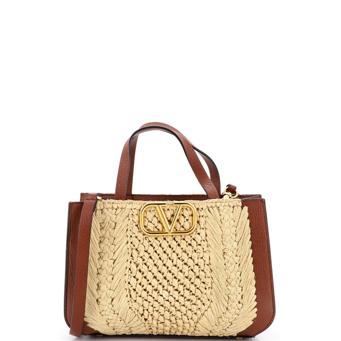 Valentino Garavani VLogo Shopper Tote Woven Raffia and Leather Small: Valentino Garavani VLogo Shopper Tote Woven Raffia and Leather Small Valentino Garavani VLogo Shopper Tote Woven Raffia and Leather Small features a unique combination of woven raffia and leather in