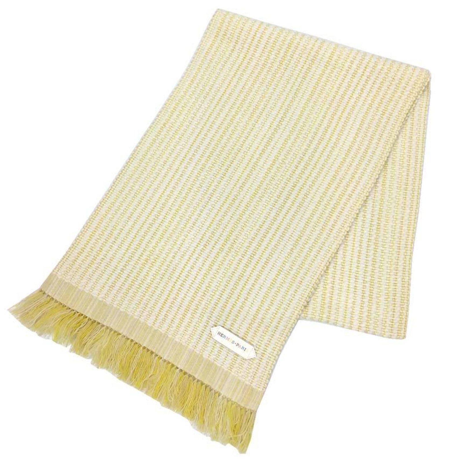 Shawl Cashmere Leather Hermes: Shawl Cashmere Leather Hermes White and Yellow Shawl Cashmere Leather Hermes - A luxurious combination of cashmere and leather, this shawl features the iconic style of Herm?s. Measuring 1.9m x 30cm, i