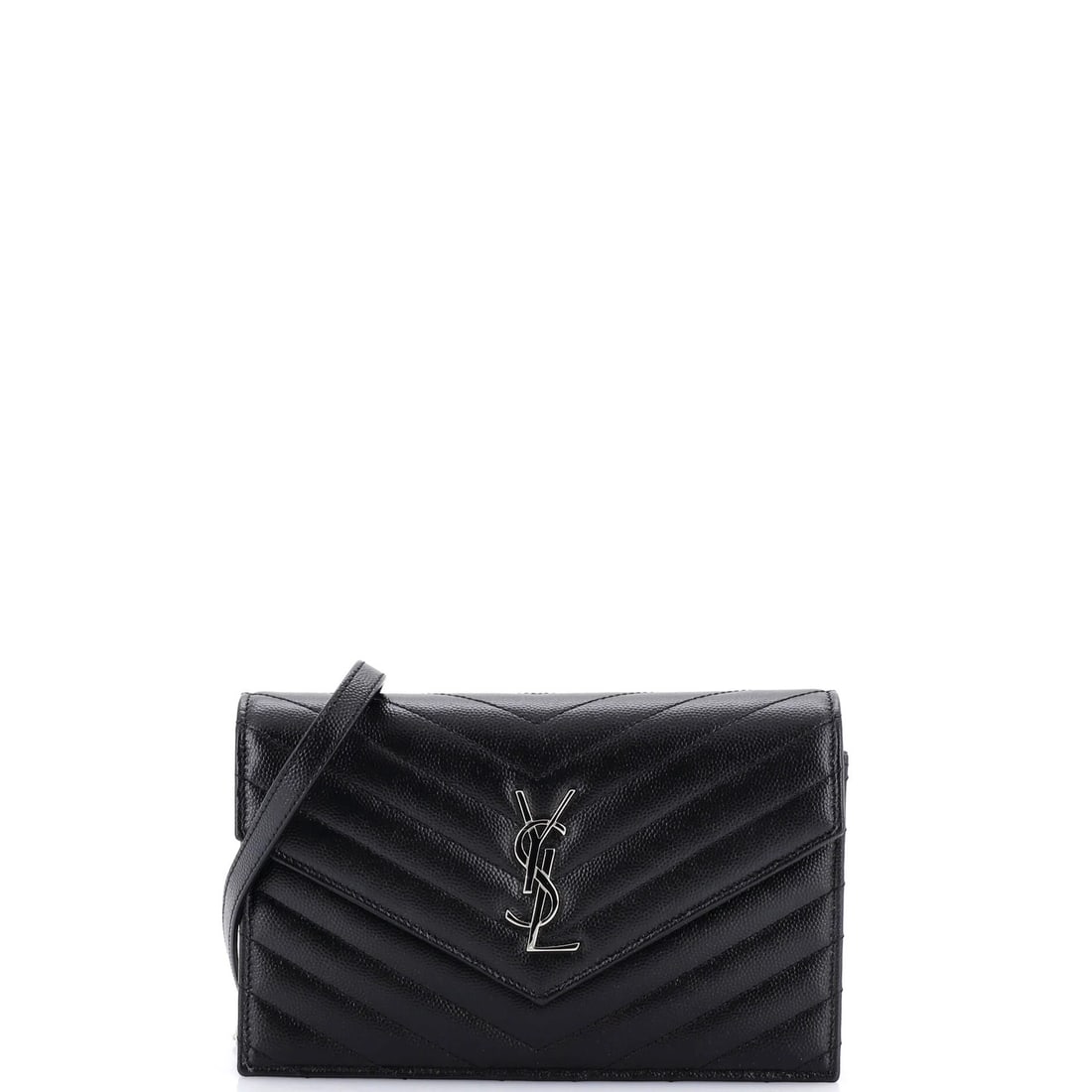 Matelasse Chevron Leather Classic Small on Wallet Chain by Saint Laurent: Matelasse Chevron Leather Classic Small on Wallet Chain by Saint Laurent Small Matelasse Chevron Leather Classic Monogram Wallet on Chain by Saint Laurent, featuring black exterior with silver hardwar