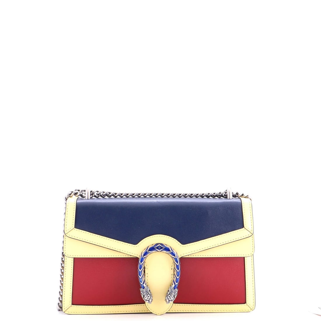Small Dionysus Bag Leather Gucci: Small Dionysus Bag Leather Gucci Small Dionysus Bag Leather Gucci in Multicolor, featuring minor scuffs and creases on the exterior and interior, with aged silver, blue hardware. This small shoulder b