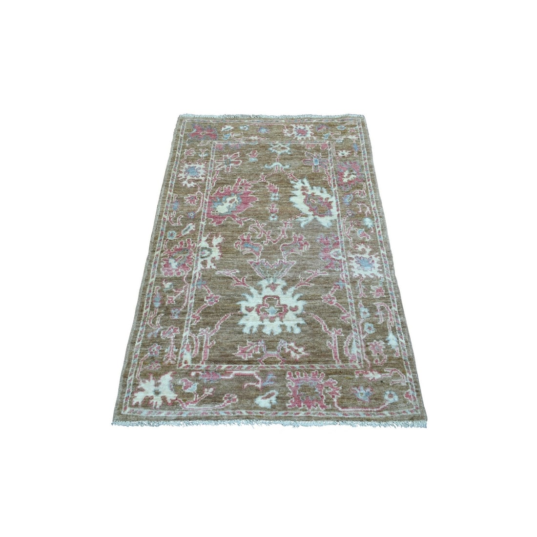 3'1"x5' Brown Hand Knotted Afghan Angora Oushak Organic Wool Oriental Rug: 3'1"x5' Brown Hand Knotted Afghan Angora Oushak Organic Wool Oriental Rug Hand-knotted in Afghanistan, this 3'1"x5'0" brown wool Oushak rug boasts an intricate rectangular field design with a rich,