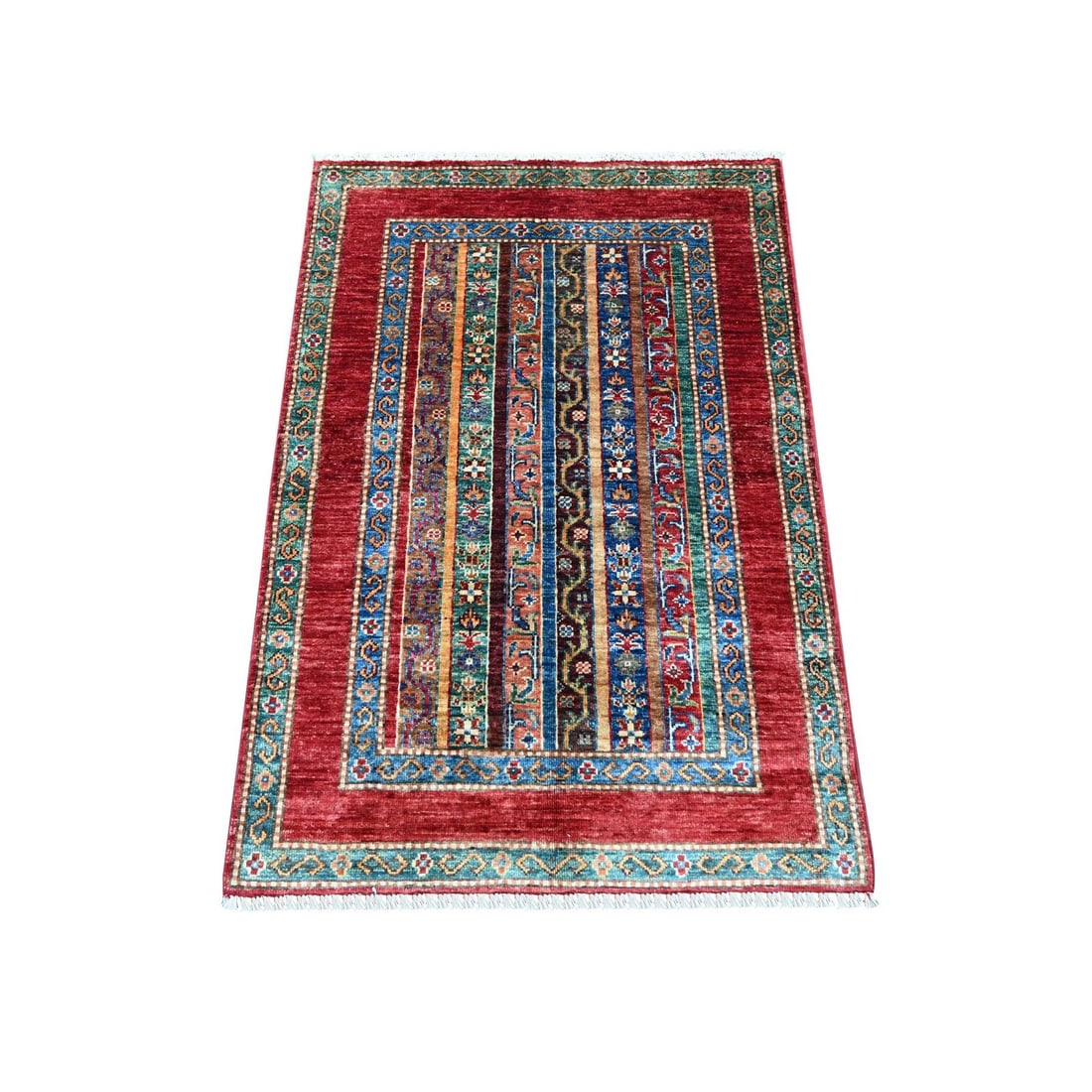2'9"x4' Red Afghan Super Kazak Hand Knotted Natural Wool Sample Mat Rug: 2'9"x4' Red Afghan Super Kazak Hand Knotted Natural Wool Sample Mat Rug The Red Afghan Super Kazak Hand Knotted Natural Wool Sample Mat Rug boasts an all-over regional design in vibrant red, set