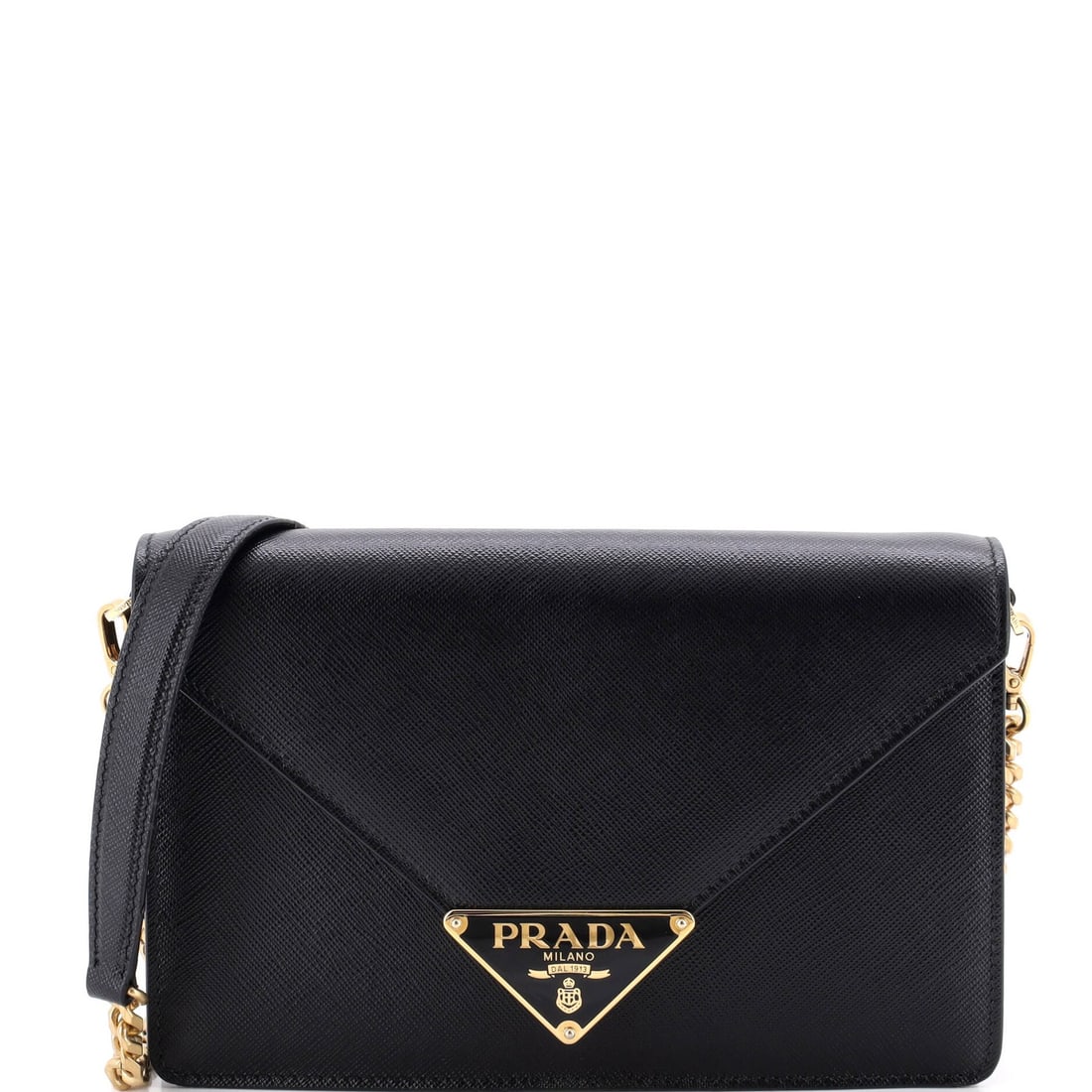 Prada Triangle Logo Plaque Envelope Chain Shoulder Bag Saffiano Leather: Prada Triangle Logo Plaque Envelope Chain Shoulder Bag Saffiano Leather Black Saffiano Leather Prada Triangle Logo Plaque Envelope Chain Shoulder Bag with gold hardware, featuring a classic design and