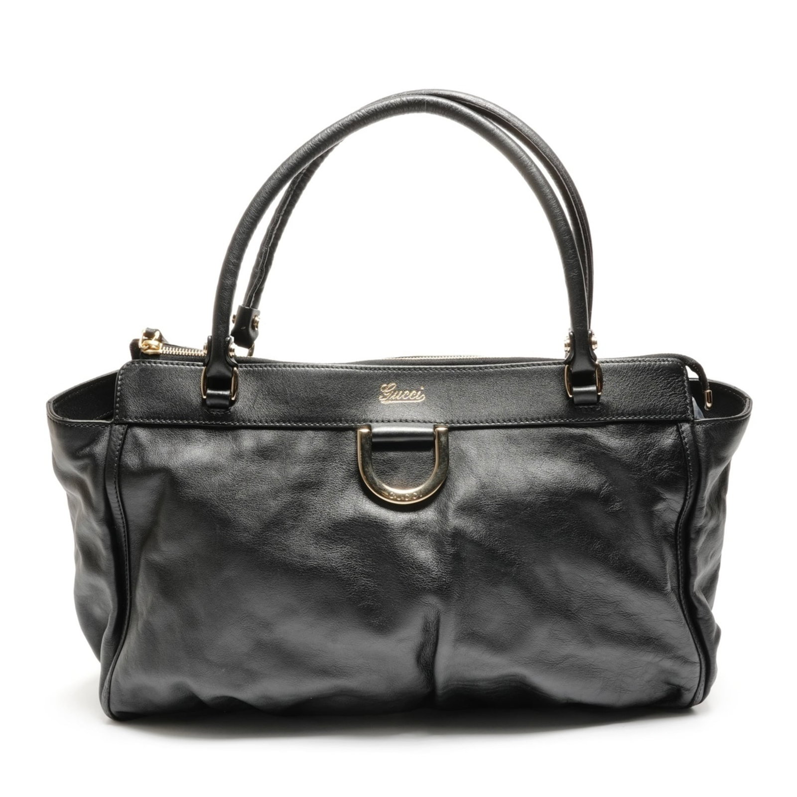 Handbag Leather Gucci: Handbag Leather Gucci This black leather Gucci handbag features a classic design with a timeless silhouette, measuring 27cm x 48cm x 12cm. The bag has been worn and shows signs of usage, including scr