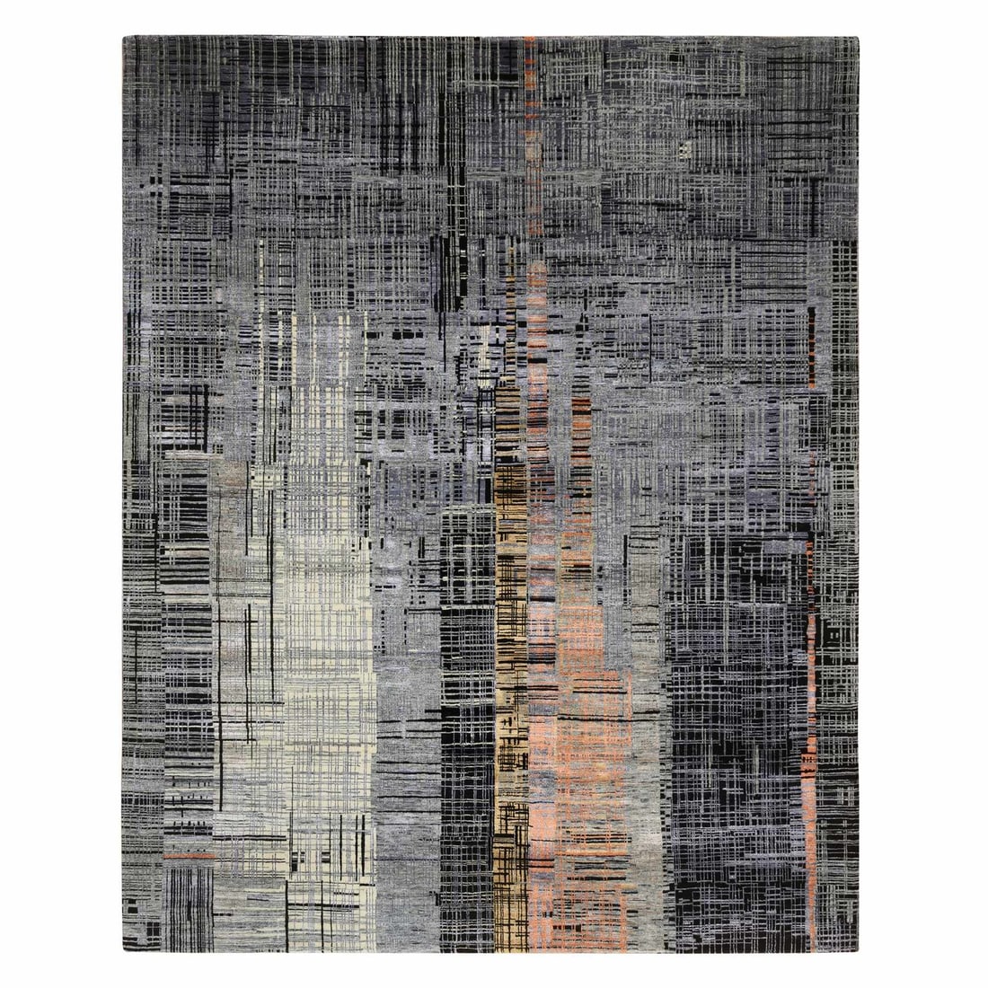 8'x10' Black Ghazni Wool and Silk Modern Design Hand Knotted Rug: 8'x10' Black Ghazni Wool and Silk Modern Design Hand Knotted Rug The Black Ghazni Wool and Silk Modern Design Hand Knotted Rug is a stunning piece of craftsmanship, boasting an 8'x10' rectangular