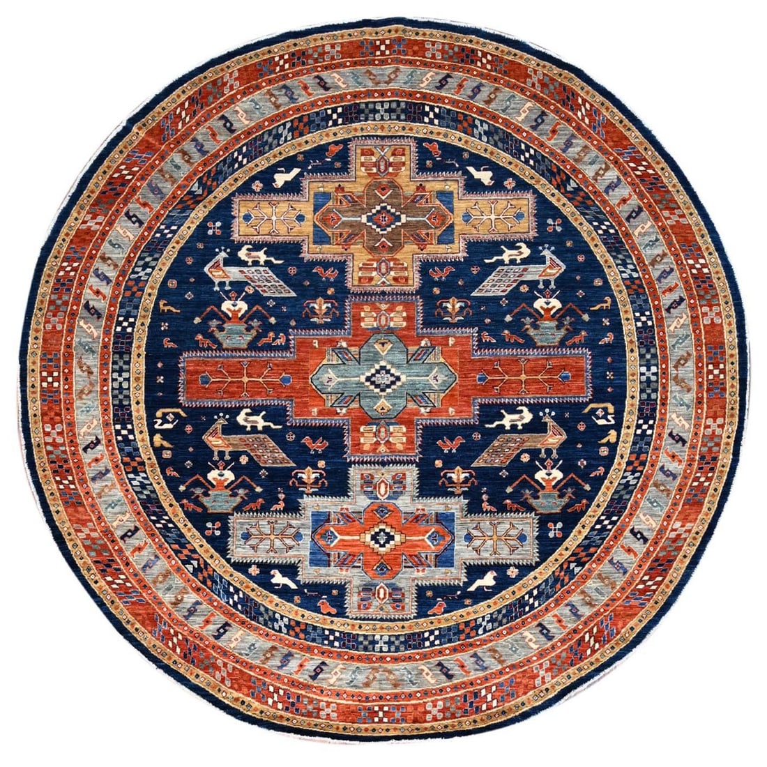 Blue Wool Hand Knotted Round Rug CAUCASIAN 200 KPSI ARMENIAN DESIGN 8'X8: Blue Wool Hand Knotted Round Rug CAUCASIAN 200 KPSI ARMENIAN DESIGN 8'X8 This stunning Blue Wool Hand Knotted Round Rug features an intricate Armenian design, showcasing the rich cultural heritage of 
