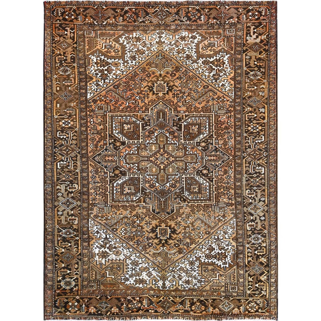 7'6"x10'2" Tawny Brown Vintage Zoroastrian Heris All Wool Hand Knotted Rug: 7'6"x10'2" Tawny Brown Vintage Zoroastrian Heris All Wool Hand Knotted Rug Tawny brown hues and intricate geometric patterns come together in this stunning vintage Heris rug, hand-knotted from all woo