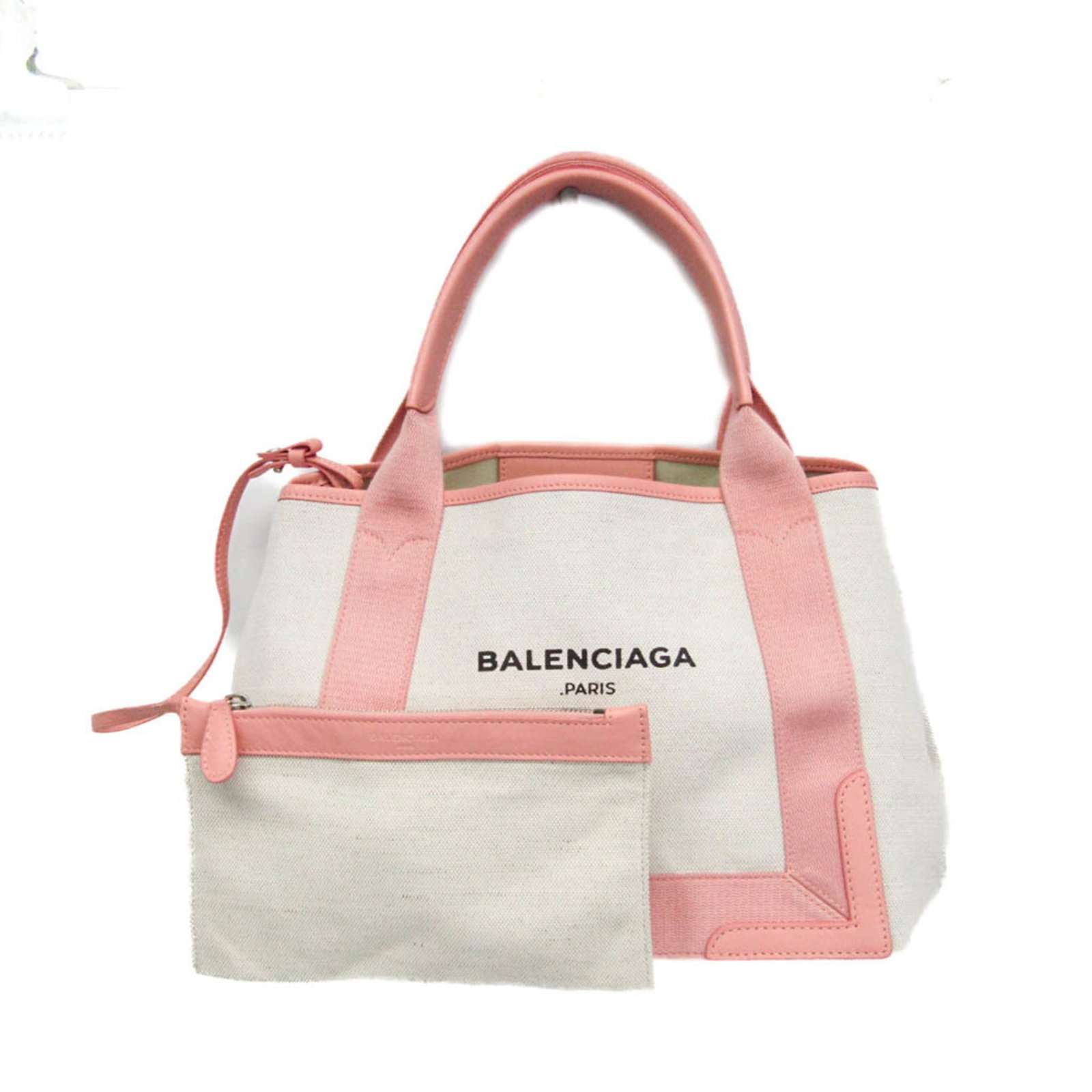 Balenciaga Handbag Canvas Leather: Balenciaga Handbag Canvas Leather Canvas and leather come together in this unique Balenciaga handbag, featuring a light pink and off-white color combination. The bag's canvas and leather construction