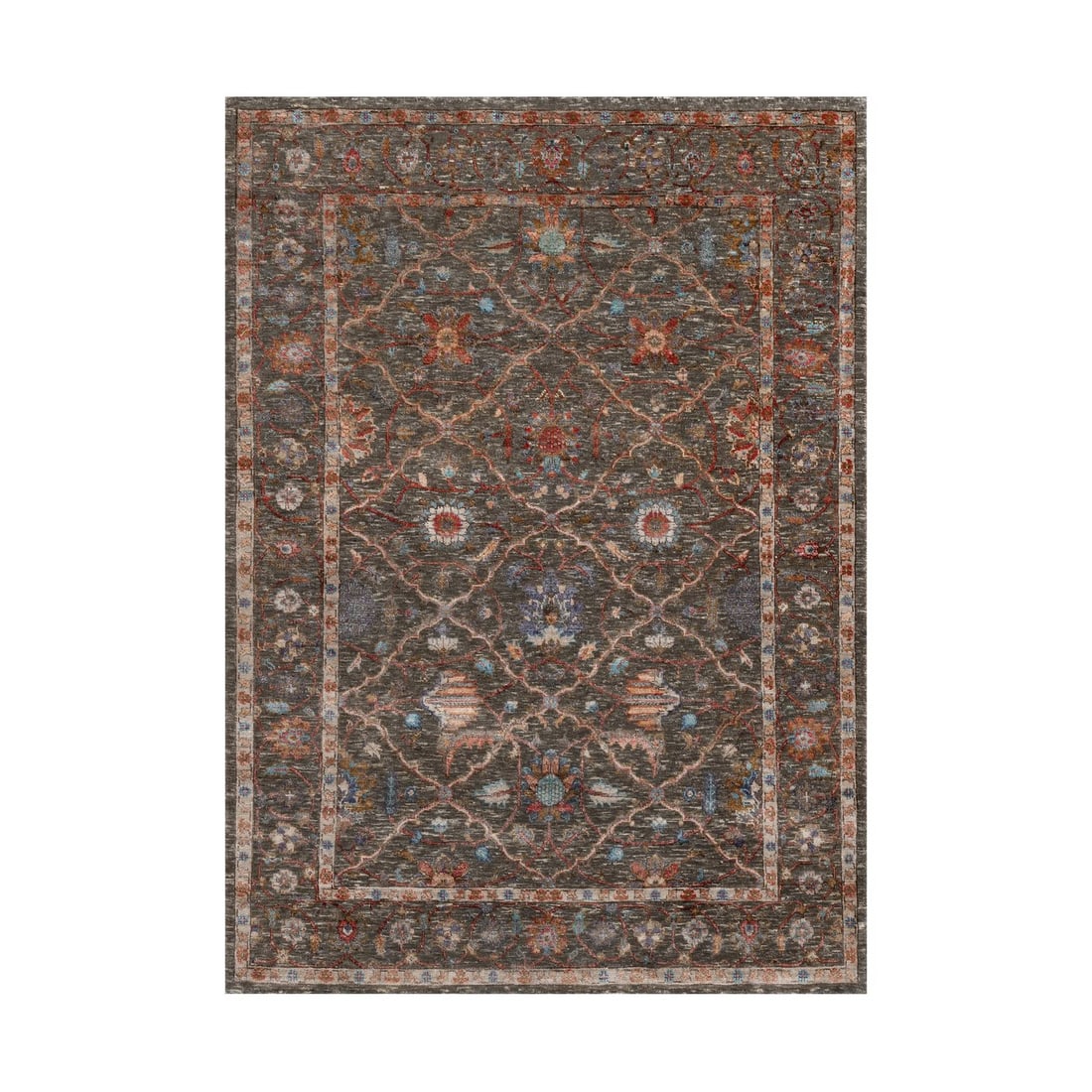 5'x7' Cedar Brown Leaf and Flower Design Hand Knotted Wool and Silk Rug: 5'x7' Cedar Brown Leaf and Flower Design Hand Knotted Wool and Silk Rug Hand-knotted with wool and silk, this 5'x7' rectangular rug boasts an intricate brown leaf and flower design. The natural fibers
