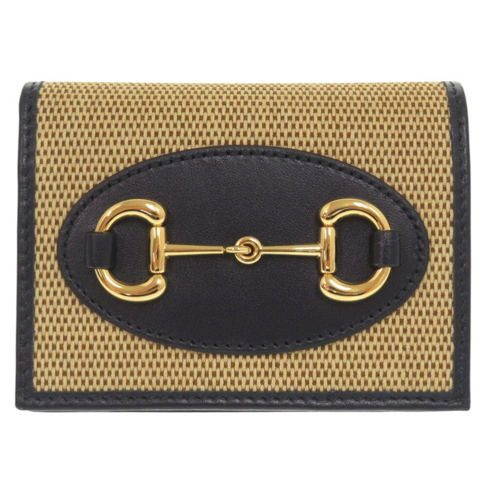 Canvas Leather Bi Fold Wallet: Canvas Leather Bi Fold Wallet Canvas Leather Bi Fold Wallet. This Gucci canvas leather bi-fold wallet features a classic design with a beige and navy color combination, measuring 8cm x 11cm x 2.5cm.