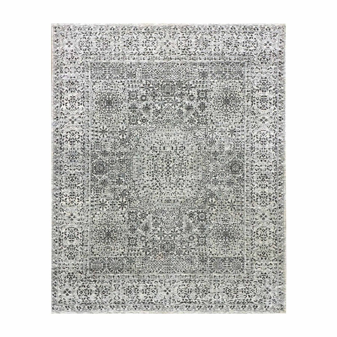 8'x9'10" White Undyed 100% Wool Hand Knotted Mamluk Dynasty Design Rug: 8'x9'10" White Undyed 100% Wool Hand Knotted Mamluk Dynasty Design Rug This stunning Mamluk Dynasty design rug boasts intricate hand-knotted details in ivory and black, set against a rich white