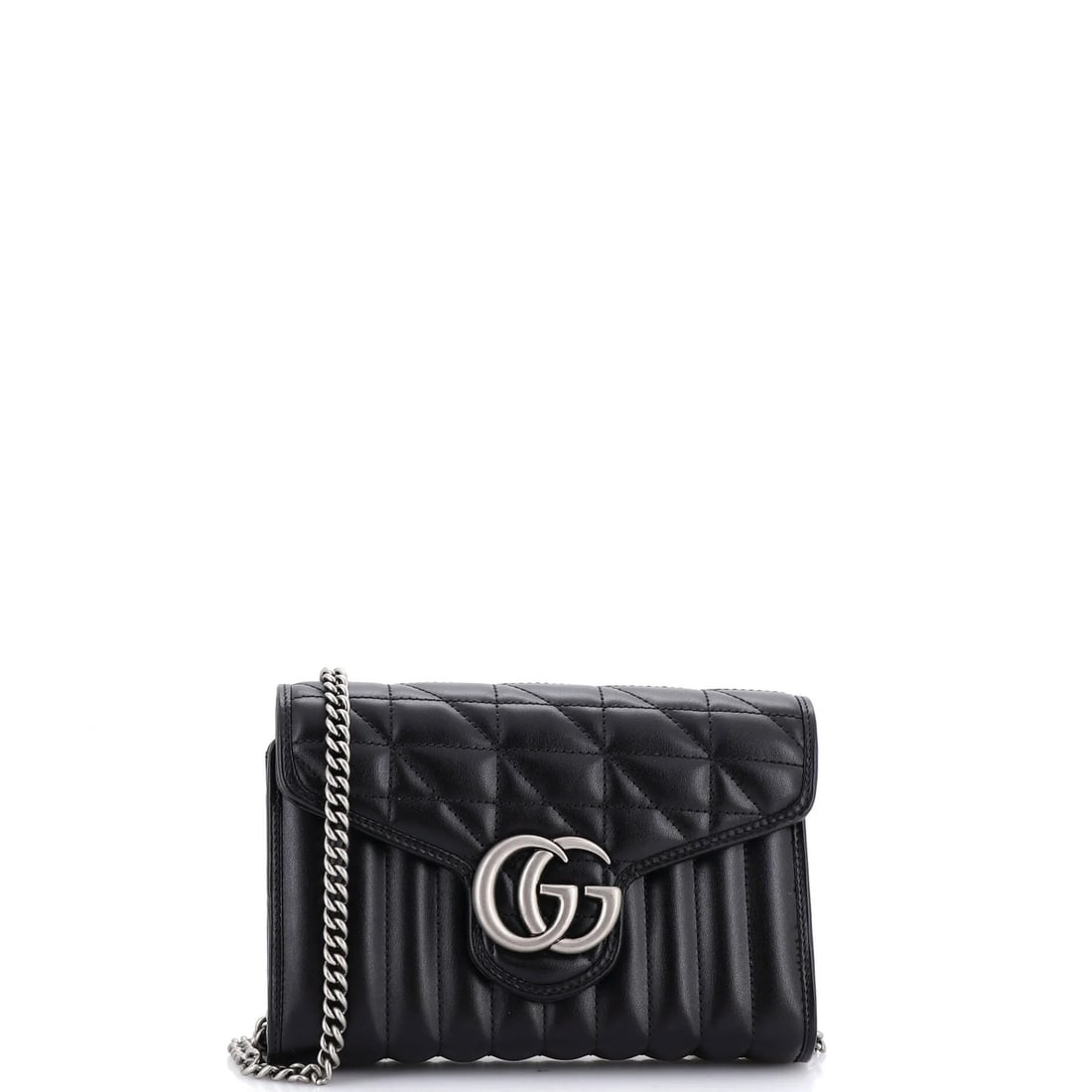 Mixed matelasse leather mini wallet chain marmont gucci: Mixed matelasse leather mini wallet chain marmont gucci Mixed matelasse leather mini wallet chain marmont gucci in black, featuring a compact design with a 24" strap drop. The exterior showcases minor