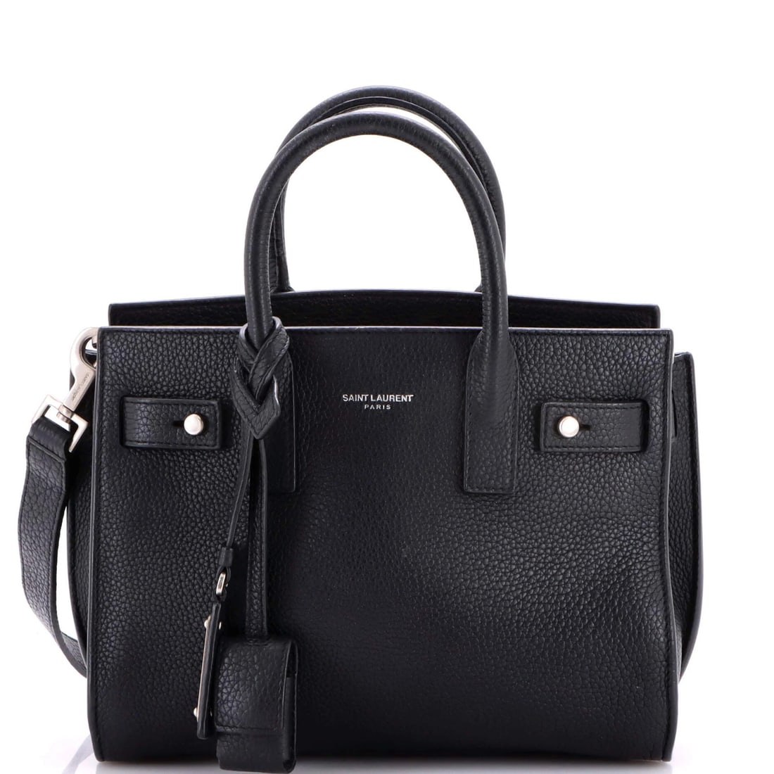 Saint Laurent Bag Nano Leather Sac De Jour: Saint Laurent Bag Nano Leather Sac De Jour Black Saint Laurent Sac de Jour bag with leather exterior, suede interior, and aged silver hardware. Measuring 3" drop handle, 7" height, 9" width, and 4"