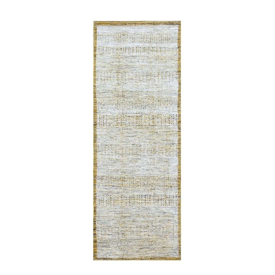 2'8"x6' White & Gold Wool Oxidized Grass Design Hand Knotted Runner Rug: 2'8"x6' White & Gold Wool Oxidized Grass Design Hand Knotted Runner Rug This stunning hand-knotted wool runner rug boasts an elegant white and gold oxidized grass design, perfectly capturing the
