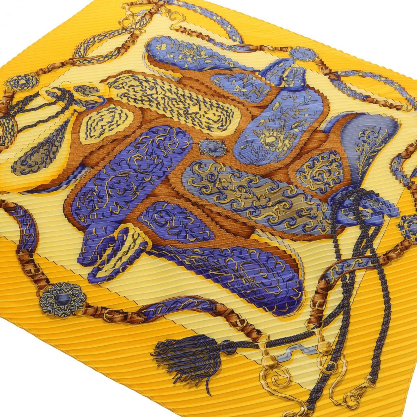 Silk Hermes Scarf: Silk Hermes Scarf Silk from the renowned French fashion house, this Hermes scarf boasts a beautiful blue hue and intricate texture. Measuring 1.3m x 51.18'', it features subtle scratches and signs of