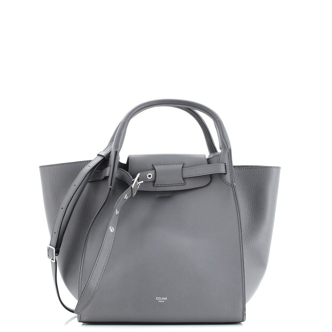 Celine Big Bag Smooth Calfskin Small: Celine Big Bag Smooth Calfskin Small The Celine Big Bag Smooth Calfskin Small offers a sleek and sophisticated design, featuring a classic gray exterior with smooth calfskin leather. This small tote