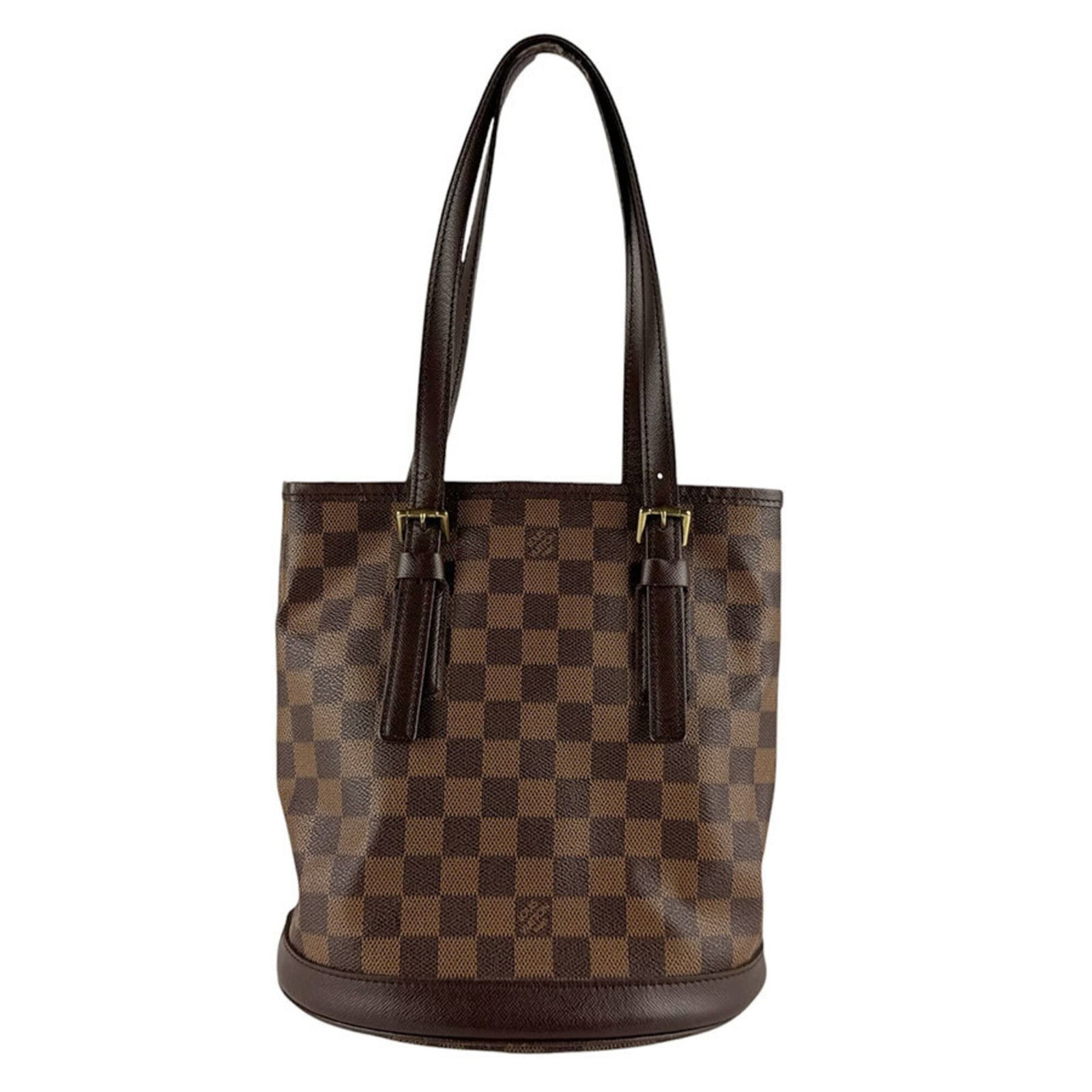 Canvas Damier Shoulder Bag Louis Vuitton: Canvas Damier Shoulder Bag Louis Vuitton Damier canvas adds a unique touch to this classic Louis Vuitton shoulder bag, featuring the iconic pattern in brown. The bag's condition shows signs of usage w