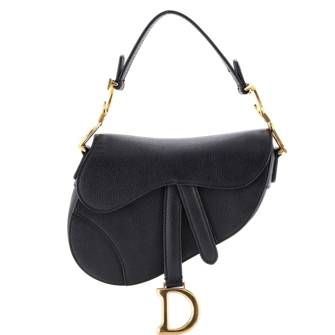 Christian Dior saddle leather handbag mini: Christian Dior saddle leather handbag mini Black Christian Dior Saddle Leather Mini Handbag with Aged Gold Hardware, featuring minor scuffs and creases on exterior leather, cracking on