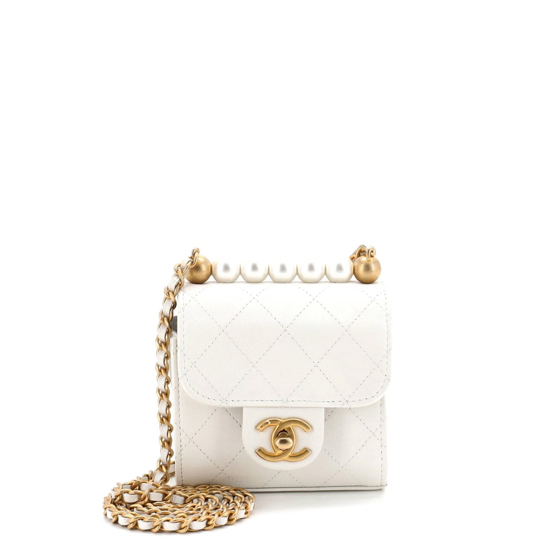 Chanel chic pearls flap clutch chain quilted goatskin mini: Chanel chic pearls flap clutch chain quilted goatskin mini Chanel's iconic Chic Pearls Flap Clutch with Chain Quilted Goatskin Mini exudes timeless elegance in its crisp white leather exterior. With