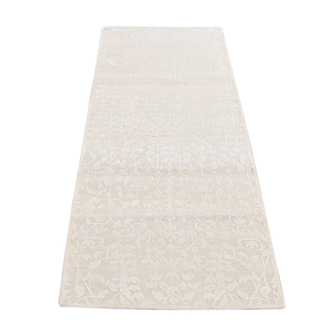2'5"x6' Ivory Hand Knotted Tone on Tone Pure Silk with Wool Runner Rug: 2'5"x6' Ivory Hand Knotted Tone on Tone Pure Silk with Wool Runner Rug This stunning ivory tone on tone pure silk with wool runner rug boasts an exquisite hand-knotted design, woven from the finest