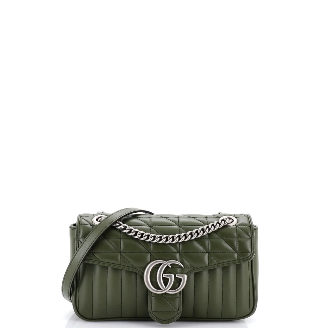 Mixed matelasse leather small Gucci bag flap: Mixed matelasse leather small Gucci bag flap Small GG Marmont Flap Bag in mixed matelasse leather, featuring a classic shoulder bag design with green exterior and neutral interior. The bag showcases
