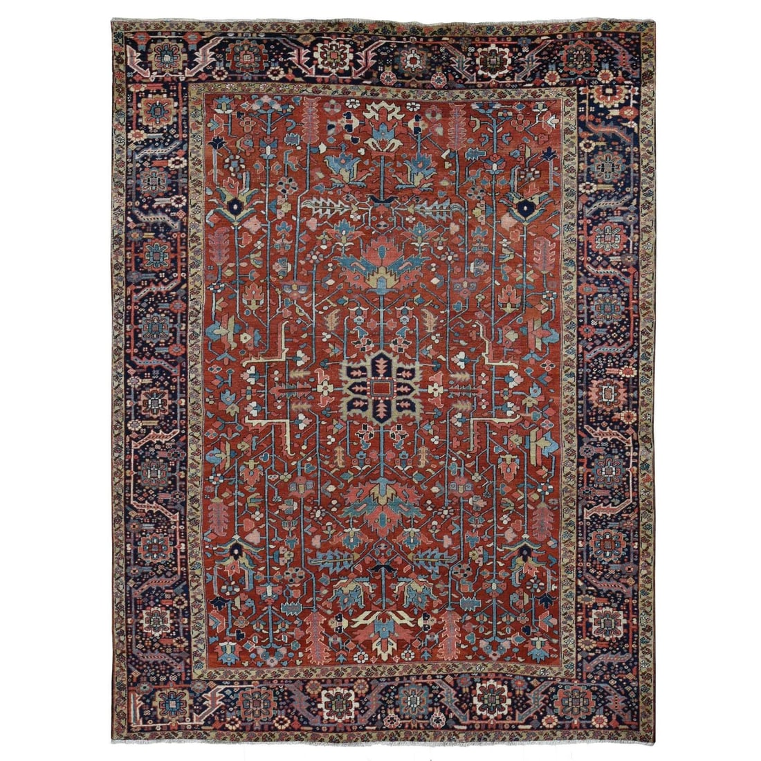 9'4"x12'10" Barn Red Antique Zoroastrian Heris Hand Knotted Pure Wool Rug: 9'4"x12'10" Barn Red Antique Zoroastrian Heris Hand Knotted Pure Wool Rug 9'4" x 12'10" Barn Red Antique Zoroastrian Heris Hand Knotted Pure Wool Rug - A stunning example of traditional Turkish