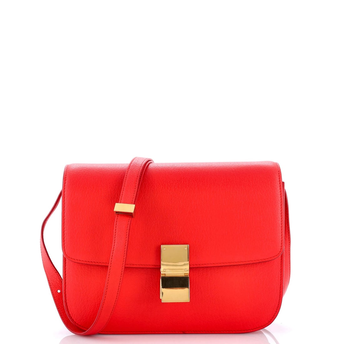 Classic Box Celine Grainy Medium Leather Bag: Classic Box Celine Grainy Medium Leather Bag Red Grainy Medium Leather Classic Box Cross Body Bag. This medium-sized bag features a distinctive grainy leather exterior in red, with gold hardware and