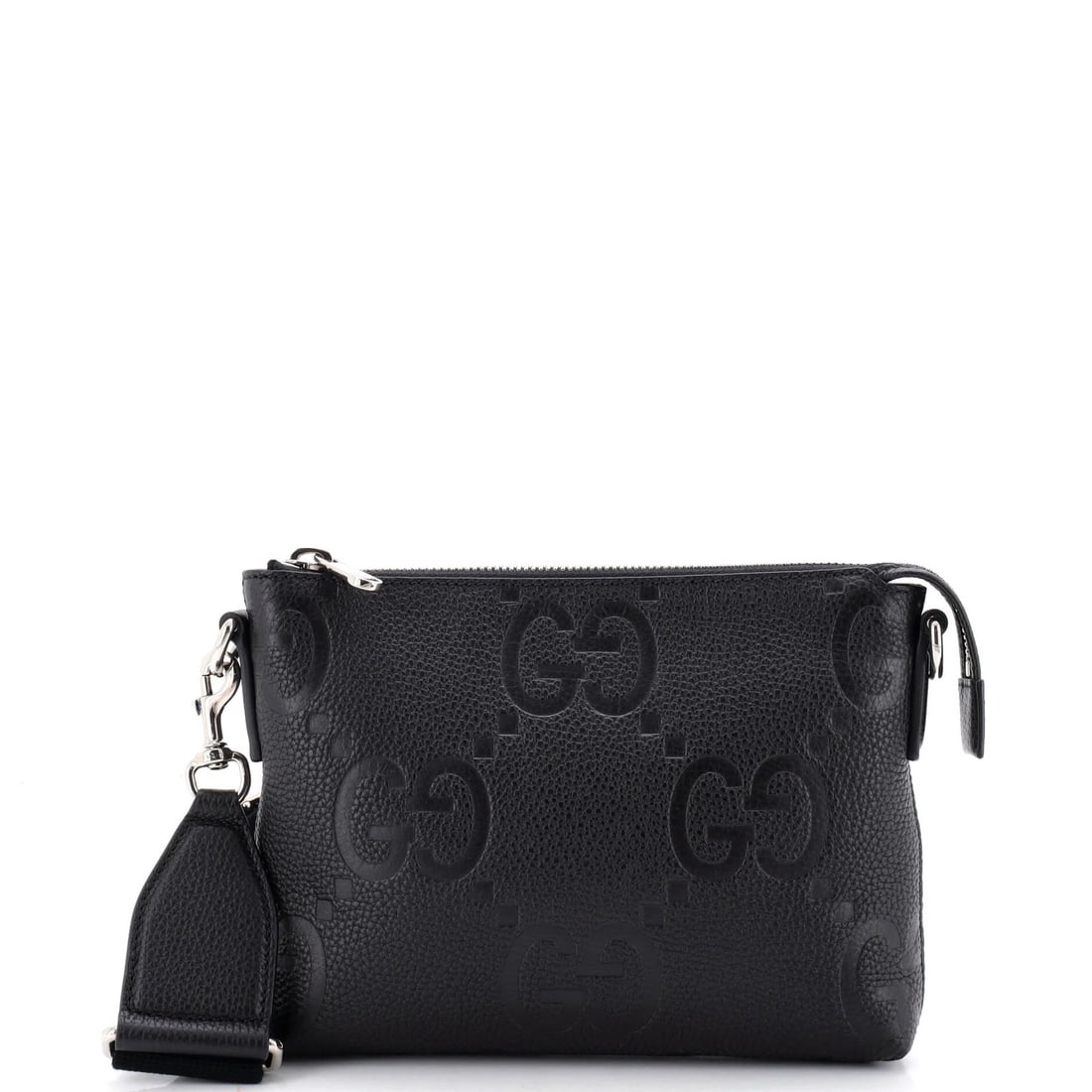 Zip messenger bag in jumbo gucci leather with embossed small GG: Zip messenger bag in jumbo gucci leather with embossed small GG Zip messenger bag in jumbo Gucci leather with an embossed small GG logo, featuring a classic design and neutral interior. The bag's