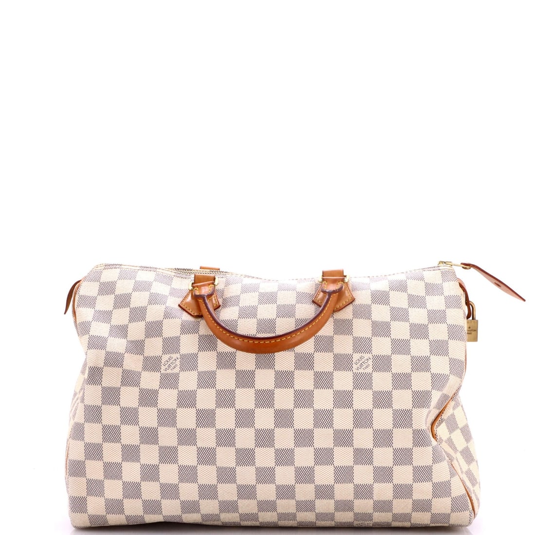 Damier 35 Louis Vuitton Handbag Speedy: Damier 35 Louis Vuitton Handbag Speedy White Damier 35 canvas coated Louis Vuitton Speedy handbag with neutral interior, featuring aged gold hardware and top handle. Measuring 9" tall, 14" wide, and