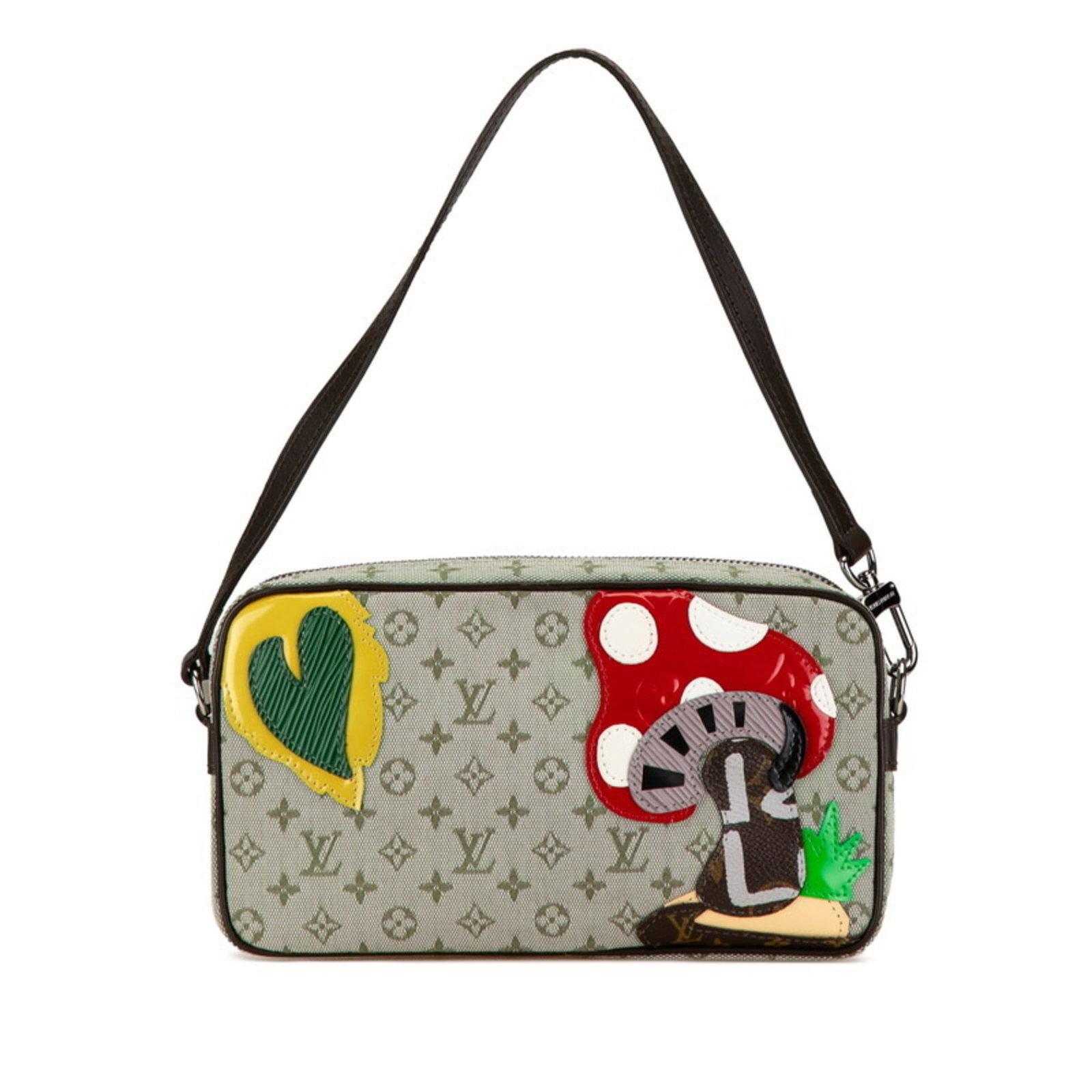 Canvas Leather Shoulder Bag Louis Vuitton: Canvas Leather Shoulder Bag Louis Vuitton Canvas Leather Shoulder Bag in Green and Khaki. This Louis Vuitton shoulder bag features a canvas and leather construction, with visible scratches and dirt