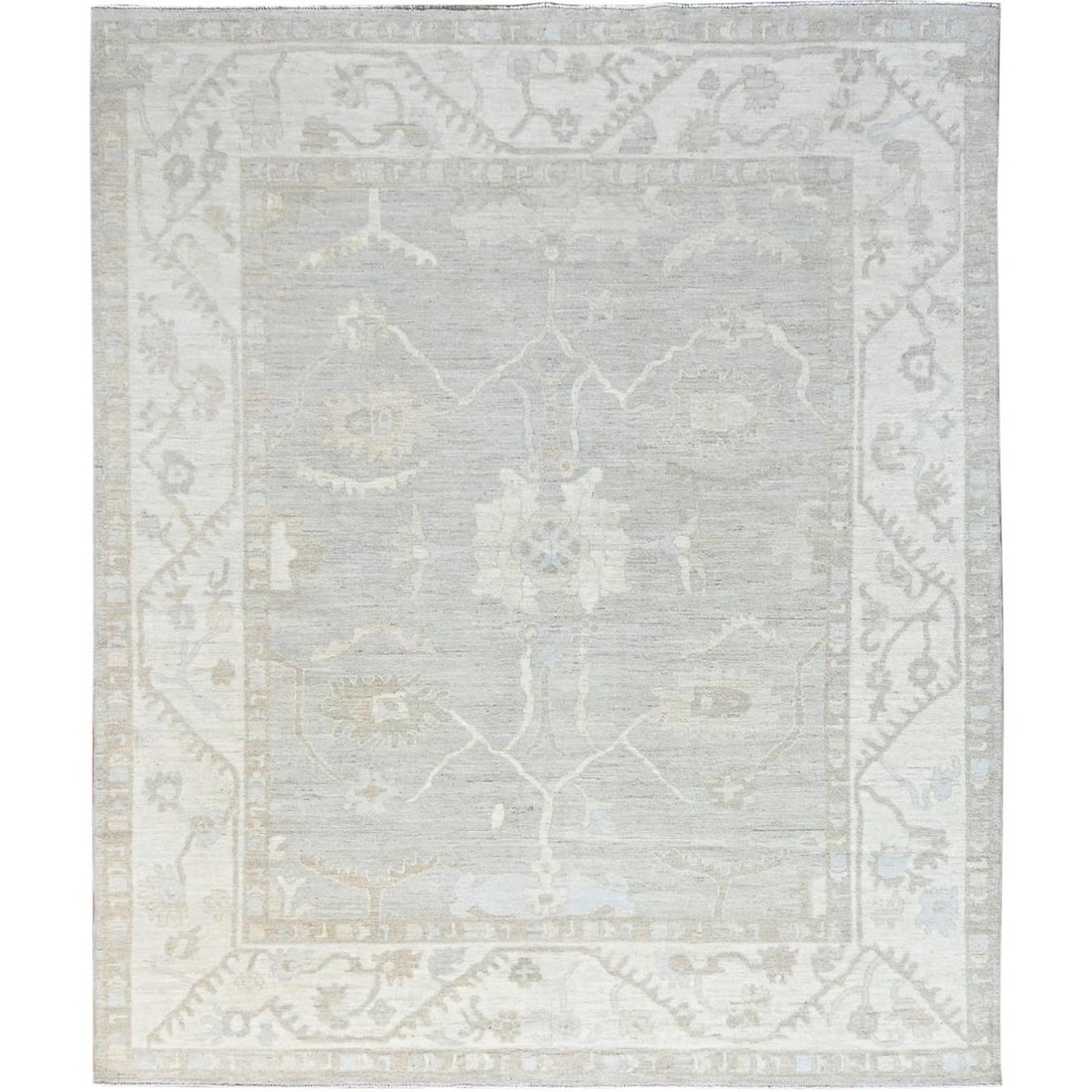 8'x9'8" Dove White Hand Knotted Afghan Peshawar Geometric Design Wool Rug: 8'x9'8" Dove White Hand Knotted Afghan Peshawar Geometric Design Wool Rug The 8'x9'8" Dove White Hand Knotted Afghan Peshawar Geometric Design Wool Rug boasts an intricate, hand-knotted design in a ti