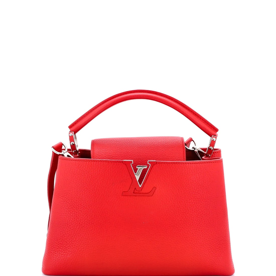 Capucines Leather PM Louis Vuitton Bag: Capucines Leather PM Louis Vuitton Bag The Capucines Leather PM Louis Vuitton Bag features a striking red exterior made from high-quality leather, with a classic top handle and silver hardware. Measur
