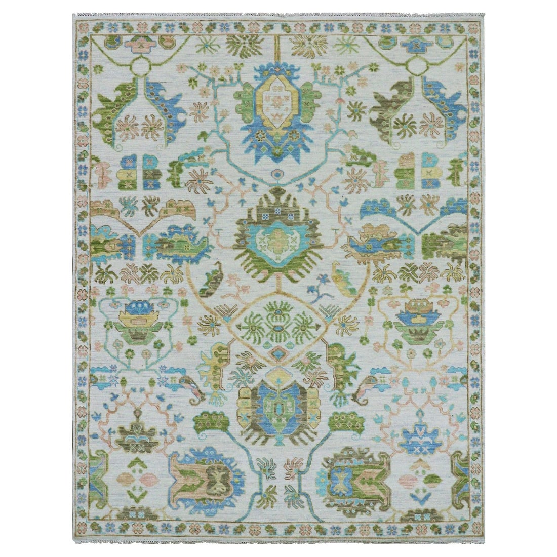 8'1"x10'4" Spring White Colorful Oushak Weave Hand Knotted 100% Wool Rug: 8'1"x10'4" Spring White Colorful Oushak Weave Hand Knotted 100% Wool Rug This stunning Spring White Oushak Weave Hand Knotted Wool Rug boasts an intricate, colorful design with a subtle sheen. Measuri